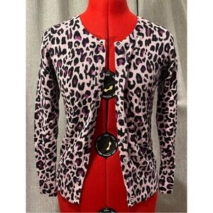 Lavender purple leopard spots cardigan- crystal button Girls 10/12 or Womens XS